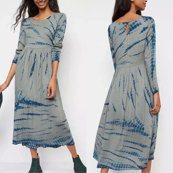 ANTHROPOLOGIE Dolan Eliska Tie-Dye Modest Oversized Dress Moss Green/ Blue Sz. M - Picture 1 of 11